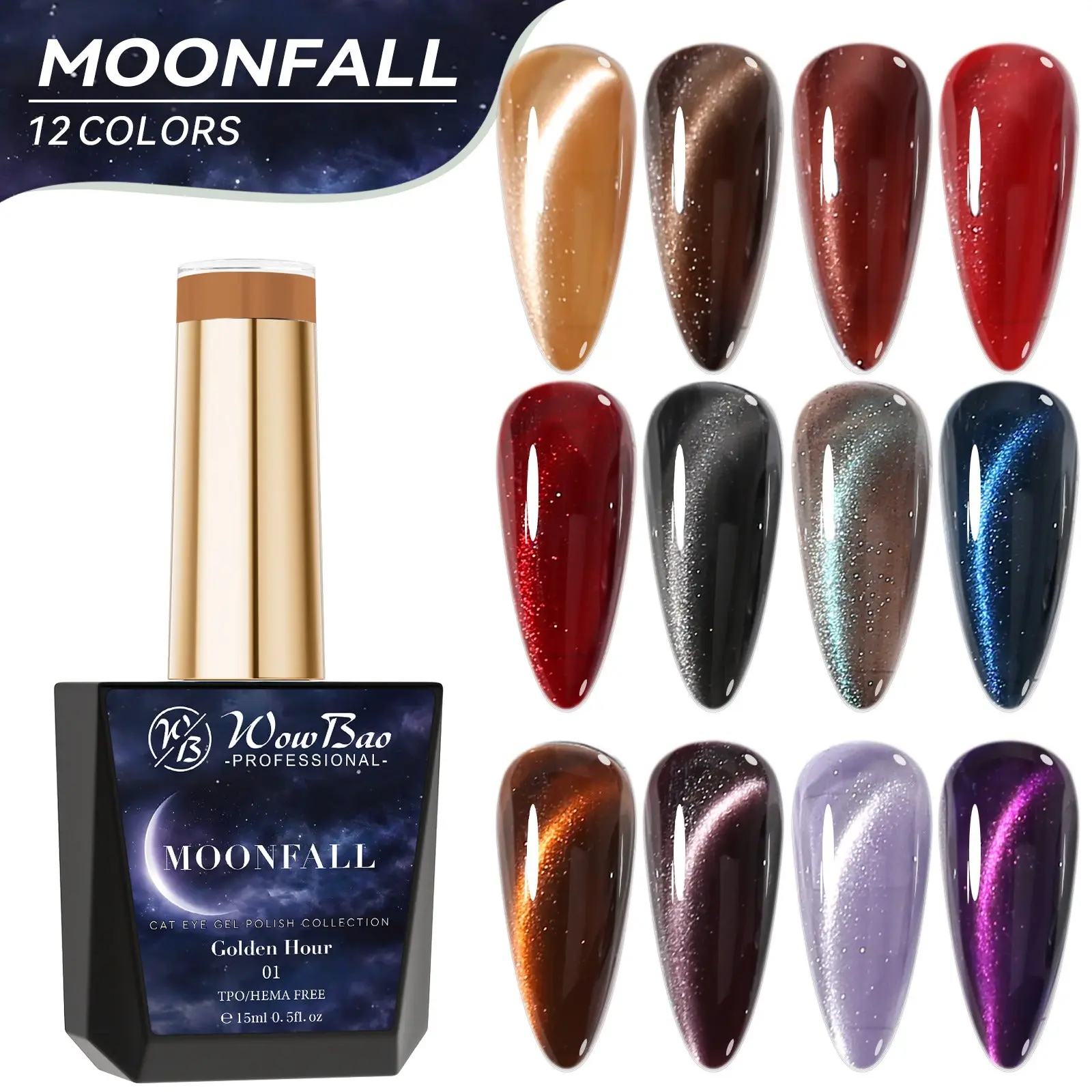 Moonfall Cat Eye collection set of 12 includes colour chart- TPO / Hema-Free Gel Polish 15ml - Image 3